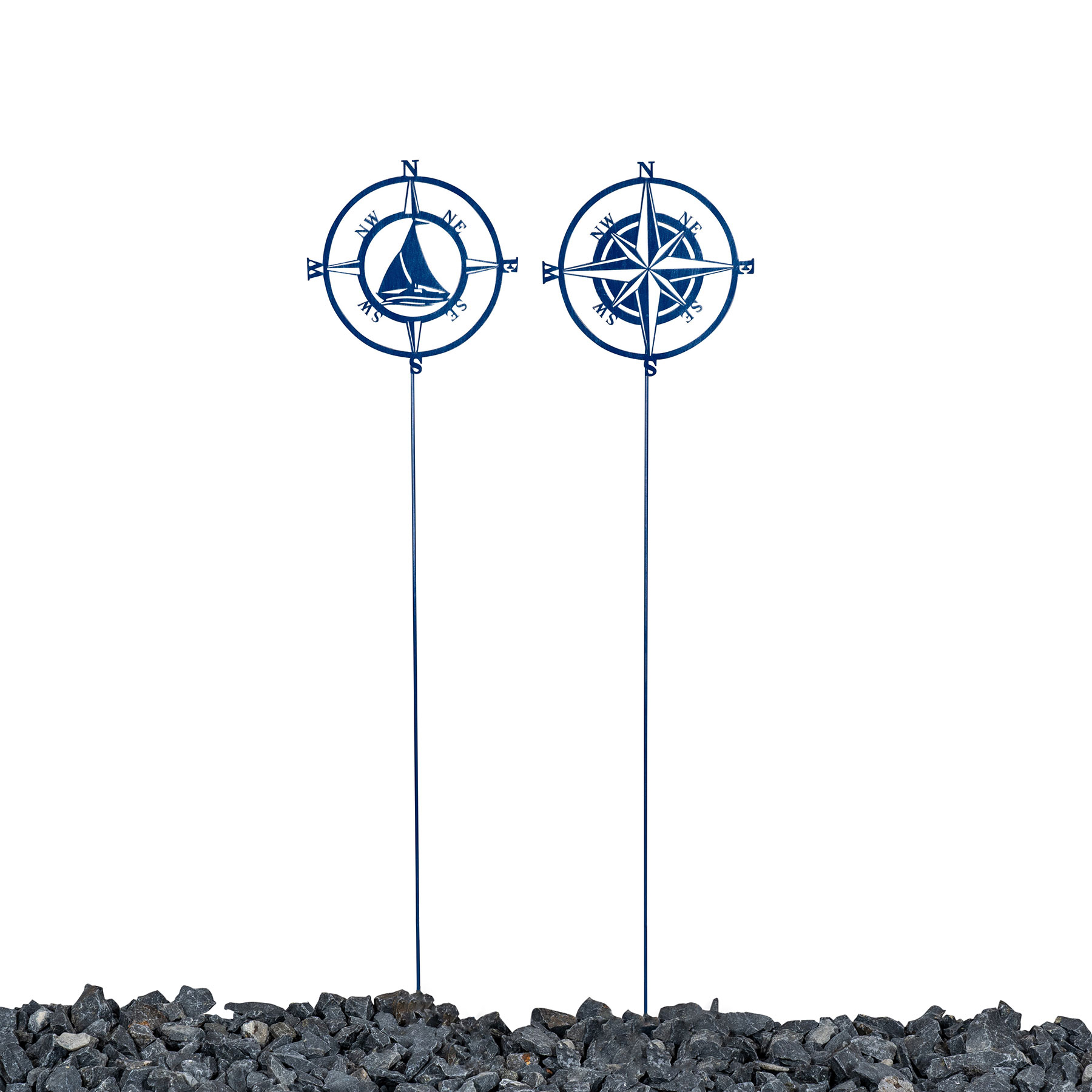 2er Set Gartenstecker H118cm Kompassrose Blau Metall Garten-Deko Windrose Stele