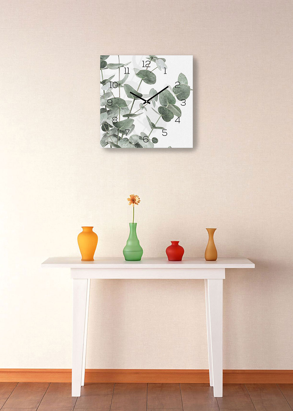 Wanduhr 30x30cm Alu-Dibond Eukalyptus Blätter Alubild Uhr Wandbild Kunstdruck