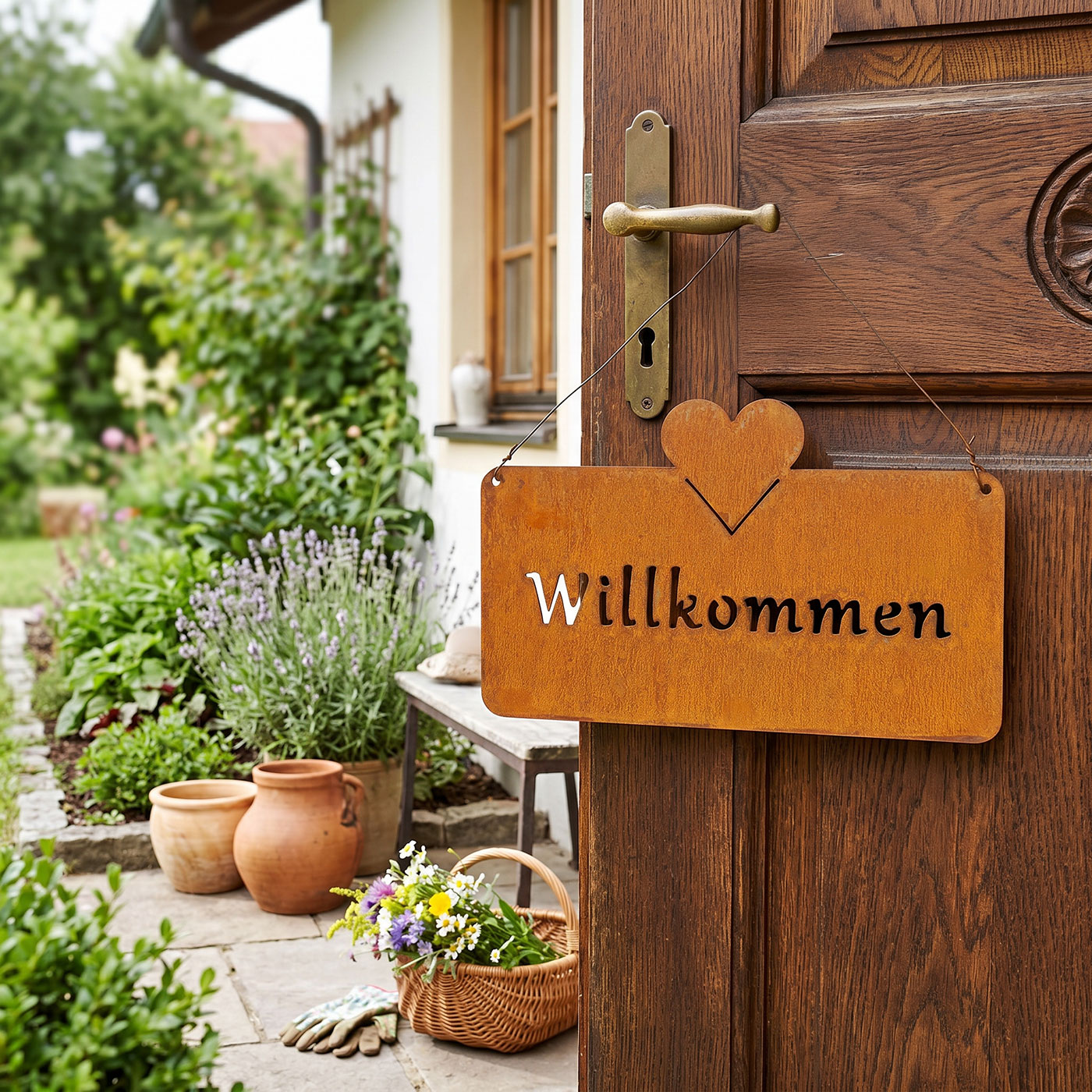 Willkommen Türschild Rost 25x16cm Gartendeko Eisen Hängeschild Gartenschild Herz