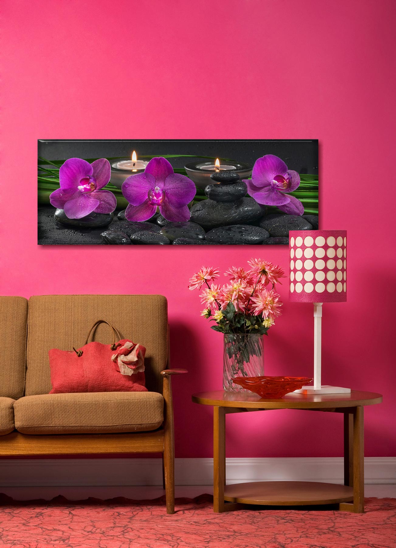 Glasbild 80x30cm Wandbild aus Glas rosa Orchideen Steine Wellness Deko