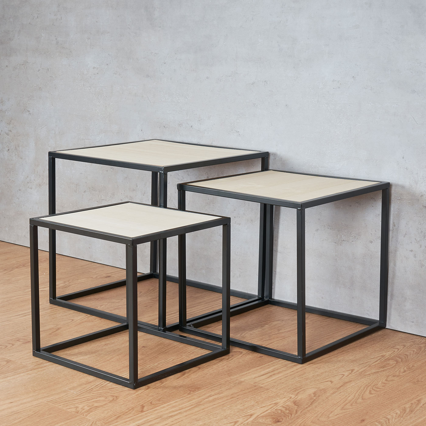 3er Set Beistelltisch Metall Schwarz Holz Cube quadratisch Couchtisch Deko Tisch