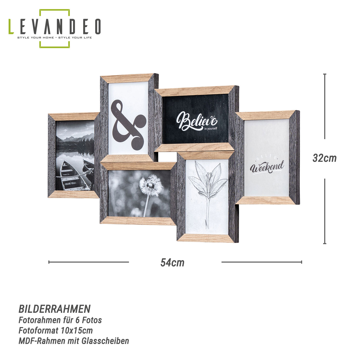 Bilderrahmen 6 Fotos 10x15 Schwarz Natur MDF Holz Fotorahmen Bildergalerie Deko