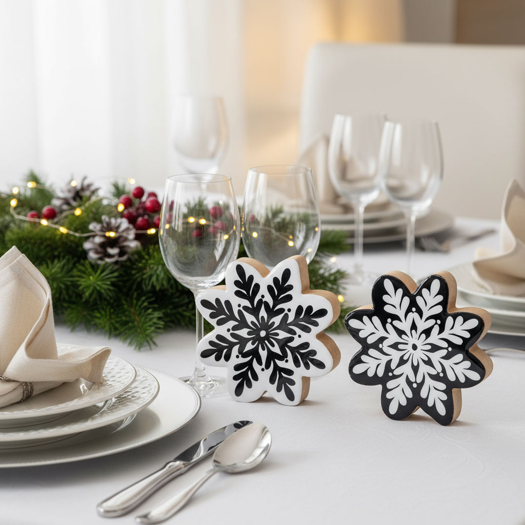 2er Set Deko Aufsteller Schneeflocke H12cm Schwarz Weiß Holz Weihnachtsdeko Tisch