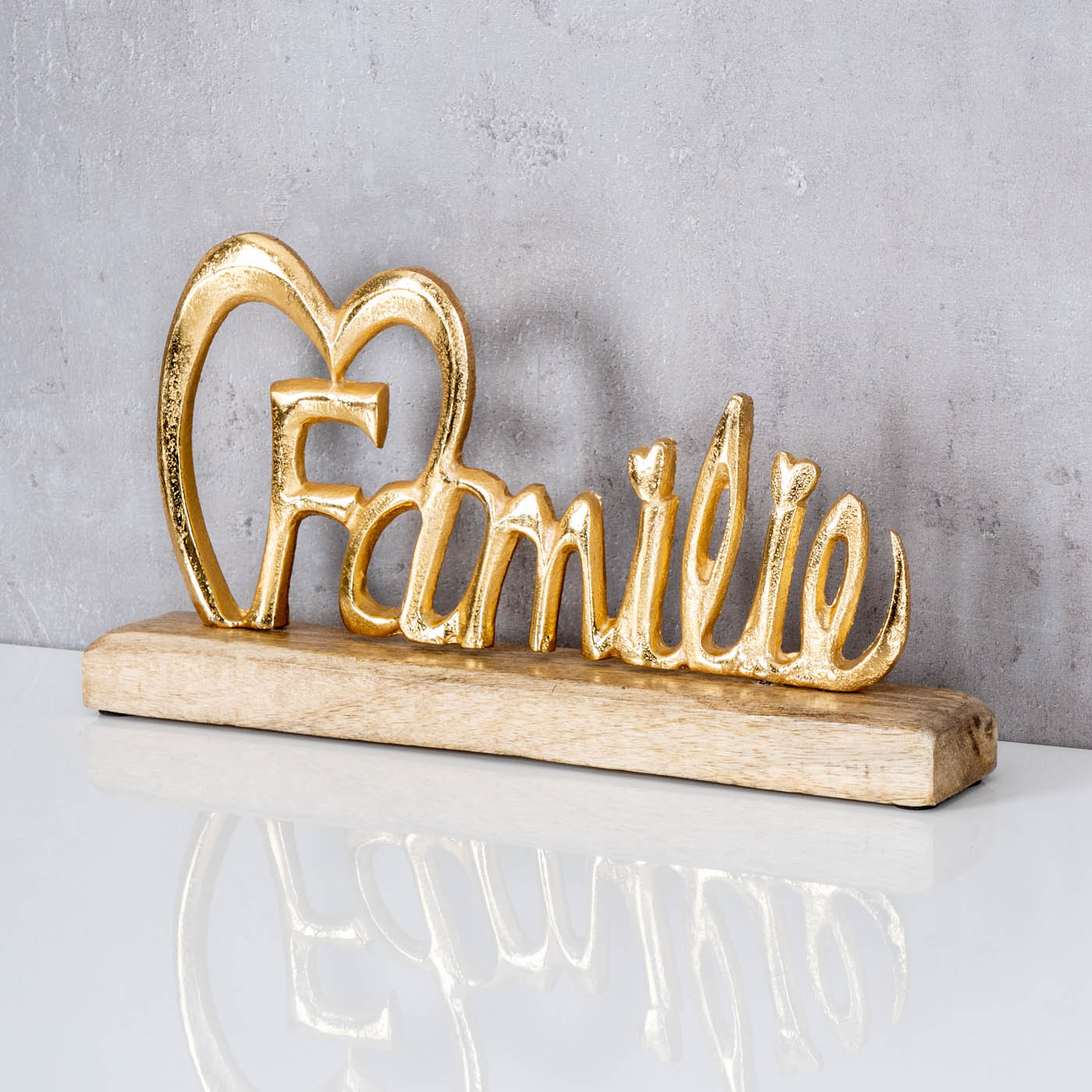 Schriftzug Familie Gold L30cm Metall Mango Holz Aufsteller Buchstaben Tisch-Deko