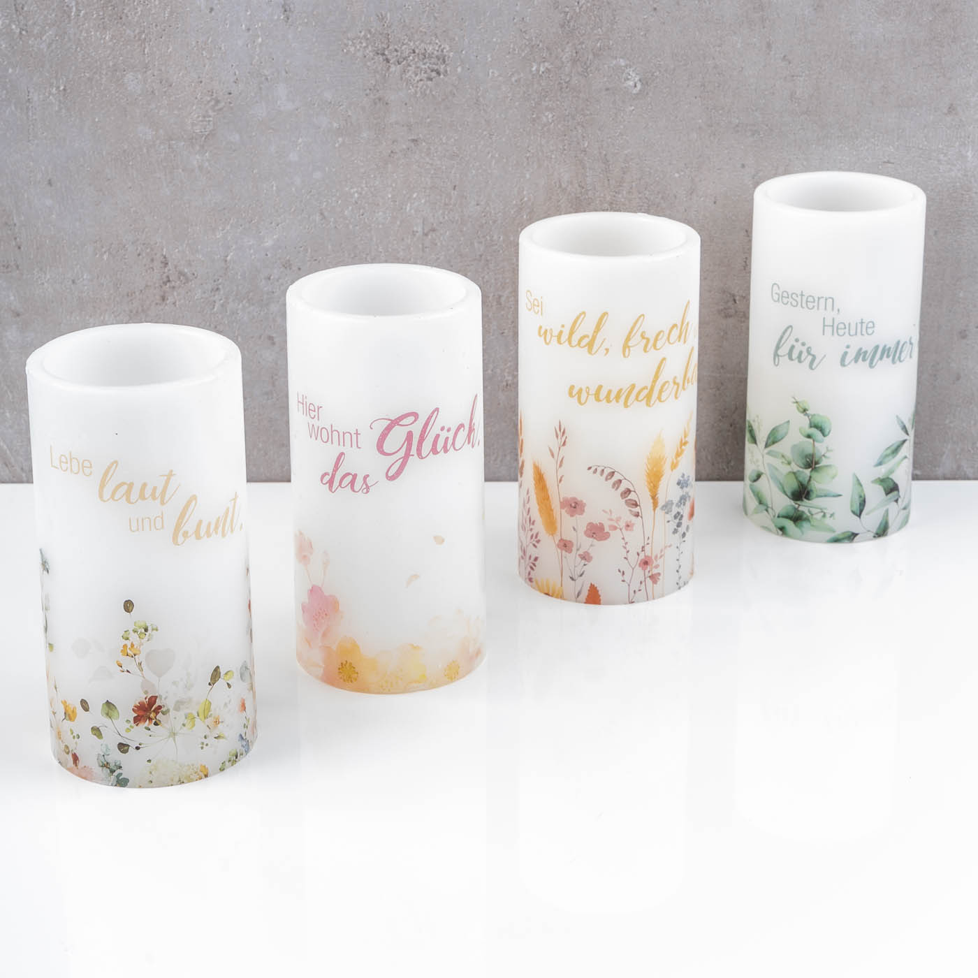 4er Set LED Kerzen Echtwachs Weiß 15x7cm Spruch Blumen Flammenlos Tischdeko