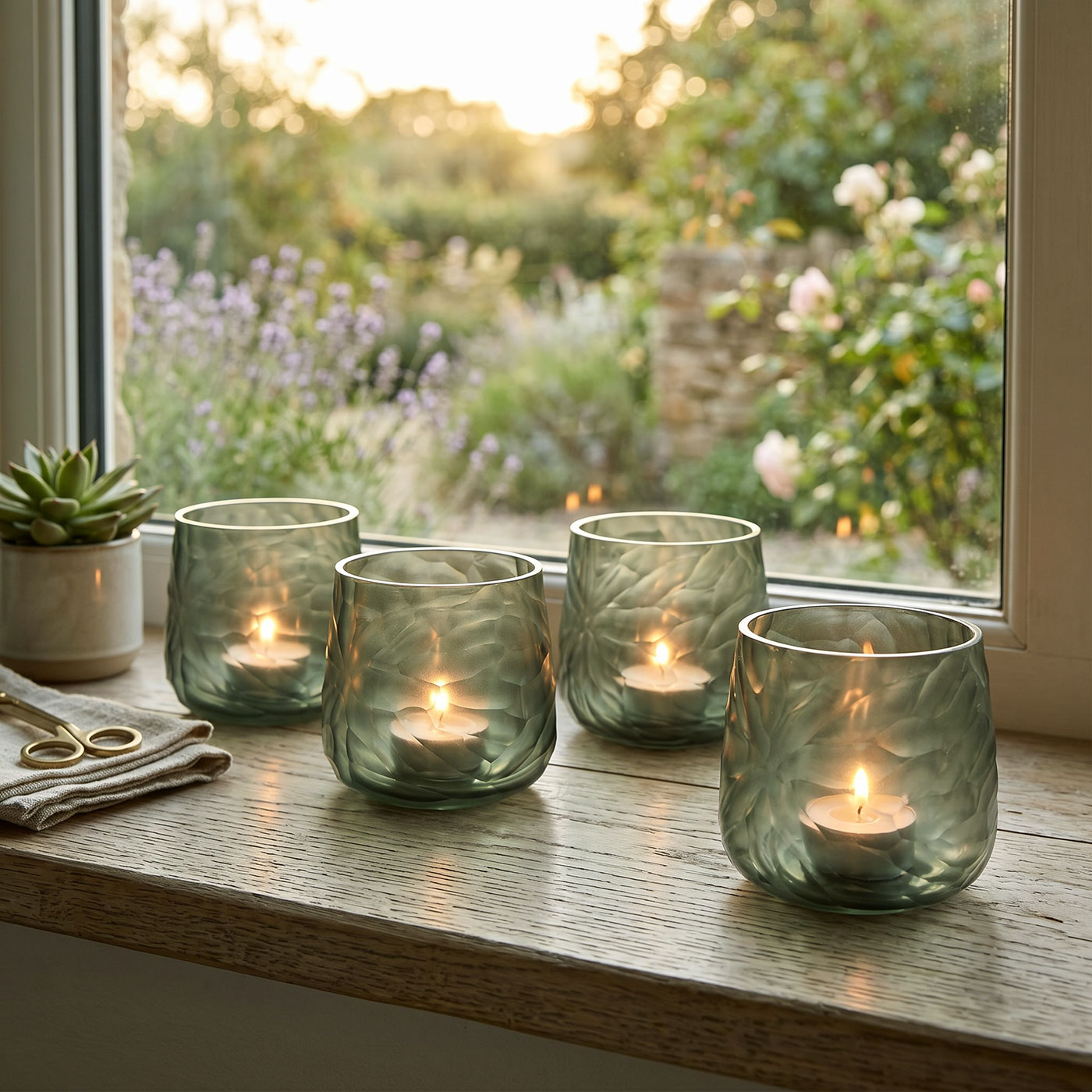 4er Set Glas Windlicht Grün Grau H10cm Teelichthalter Rauchgrau Tischdeko