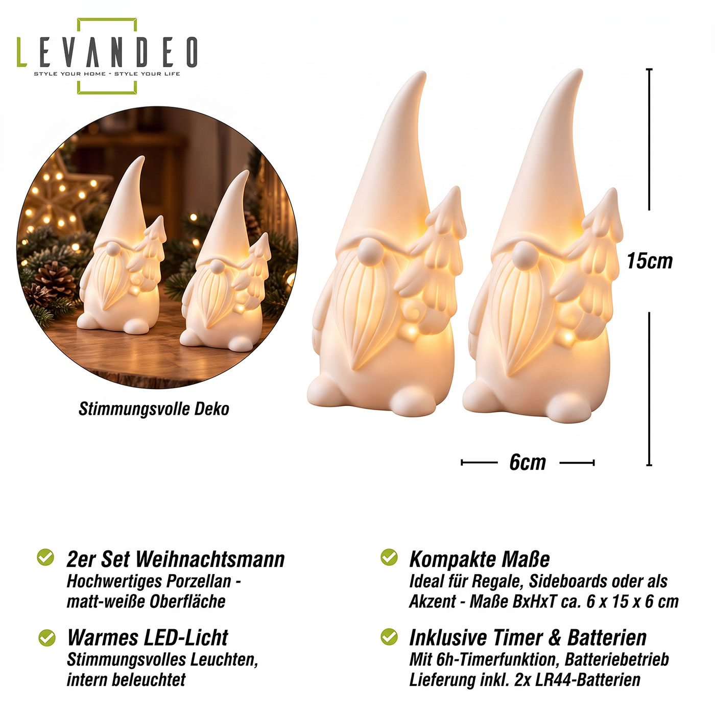 2er Set LED Deko Figur Weihnachtsmann H15cm Porzellan Weihnachtsdeko Tischdeko