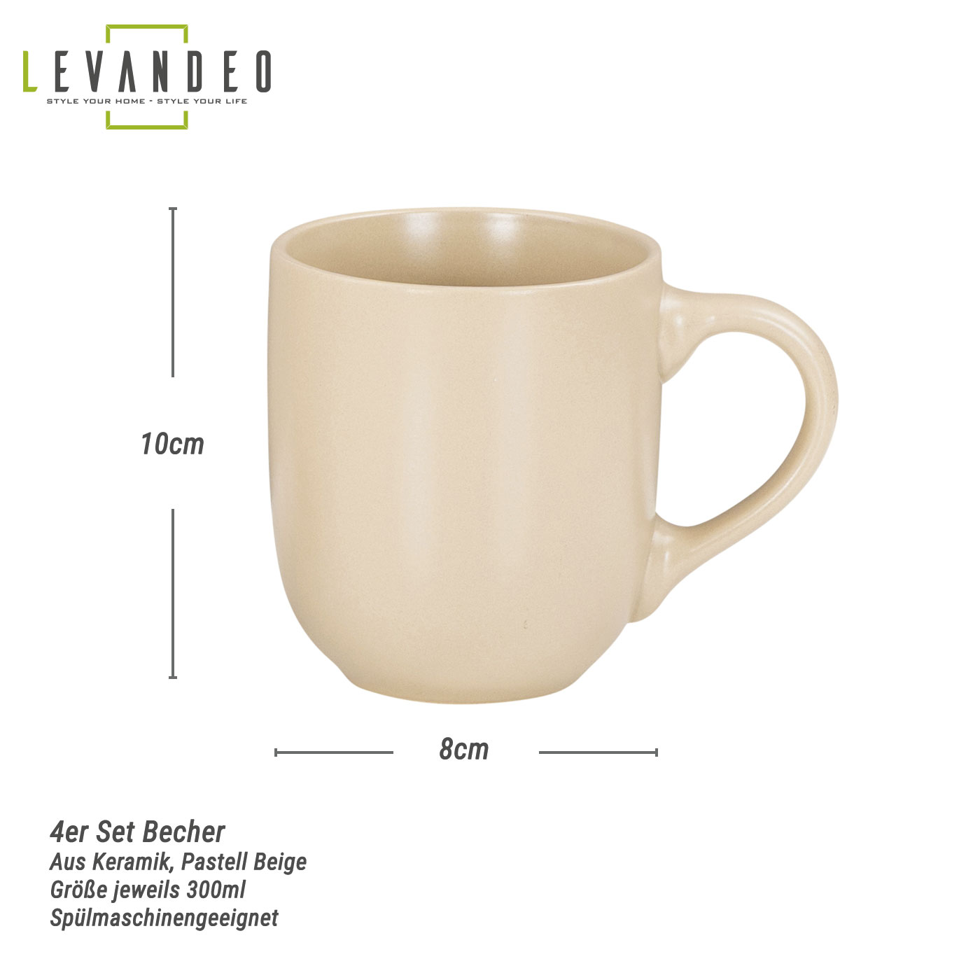 4er Set Steingut Tassen 300ml Beige Creme Kaffeetasse Kaffeebecher Sand Design