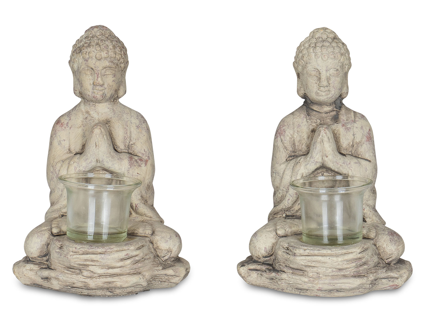 2er Set Teelichthalter Buddha Figur Keramik je 19cm hoch Grau Tischdeko