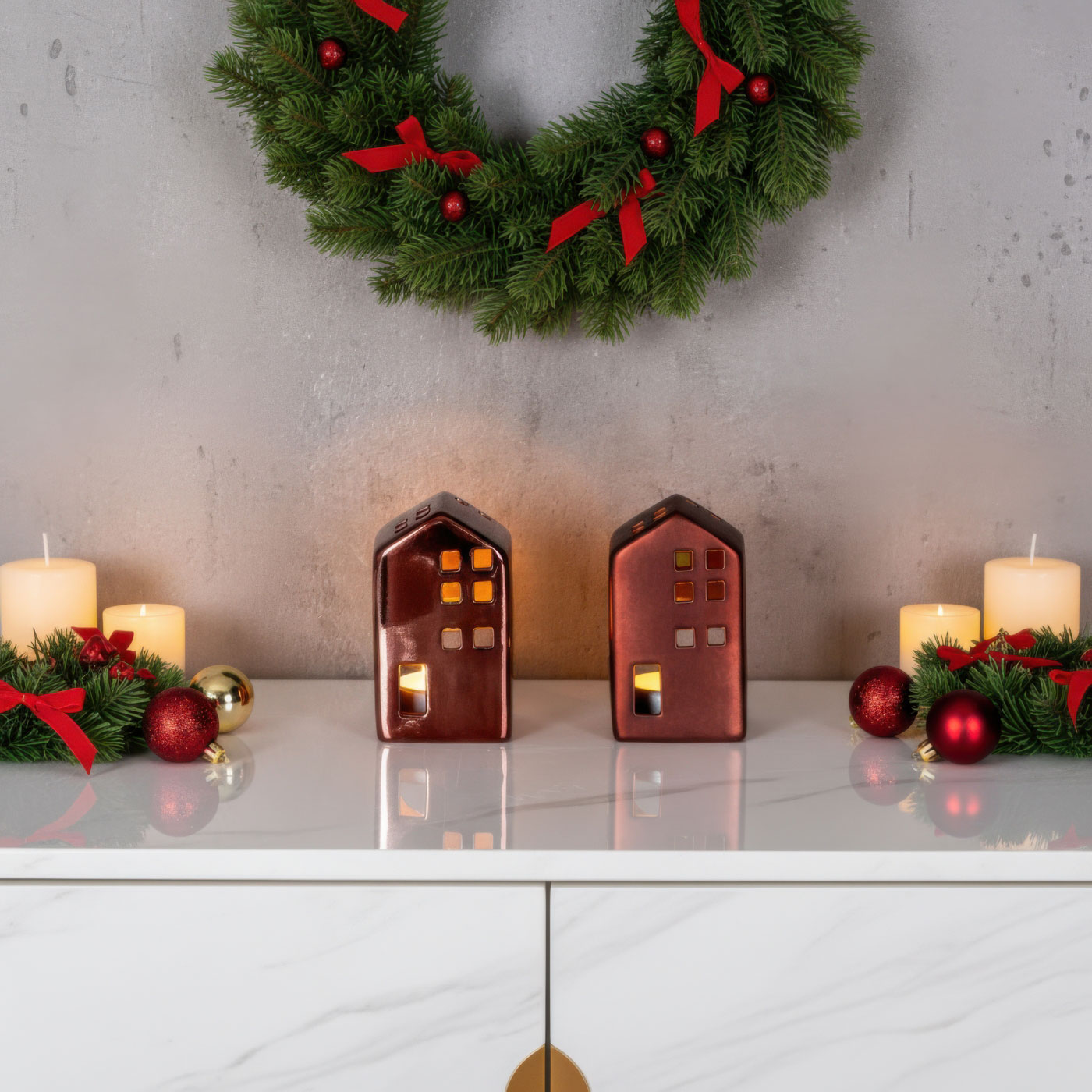2er Set Teelichthaus Porzellan Bordeaux Rot Tischdeko Weihnachtsdeko Teelichthalter
