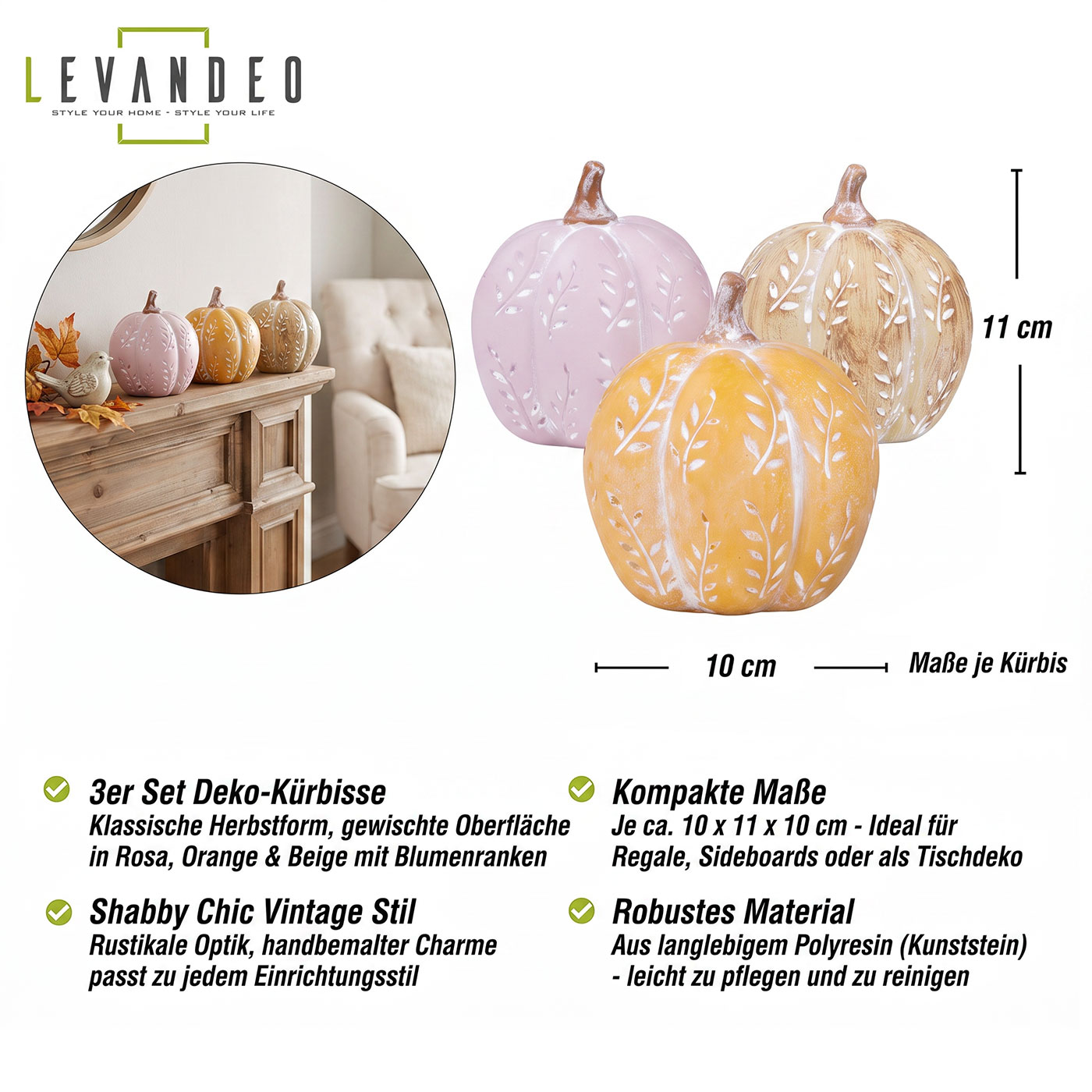 3er Set Deko Kürbis Orange Beige Rosa 10cm Tischdeko Herbst Herbstdeko Ernte