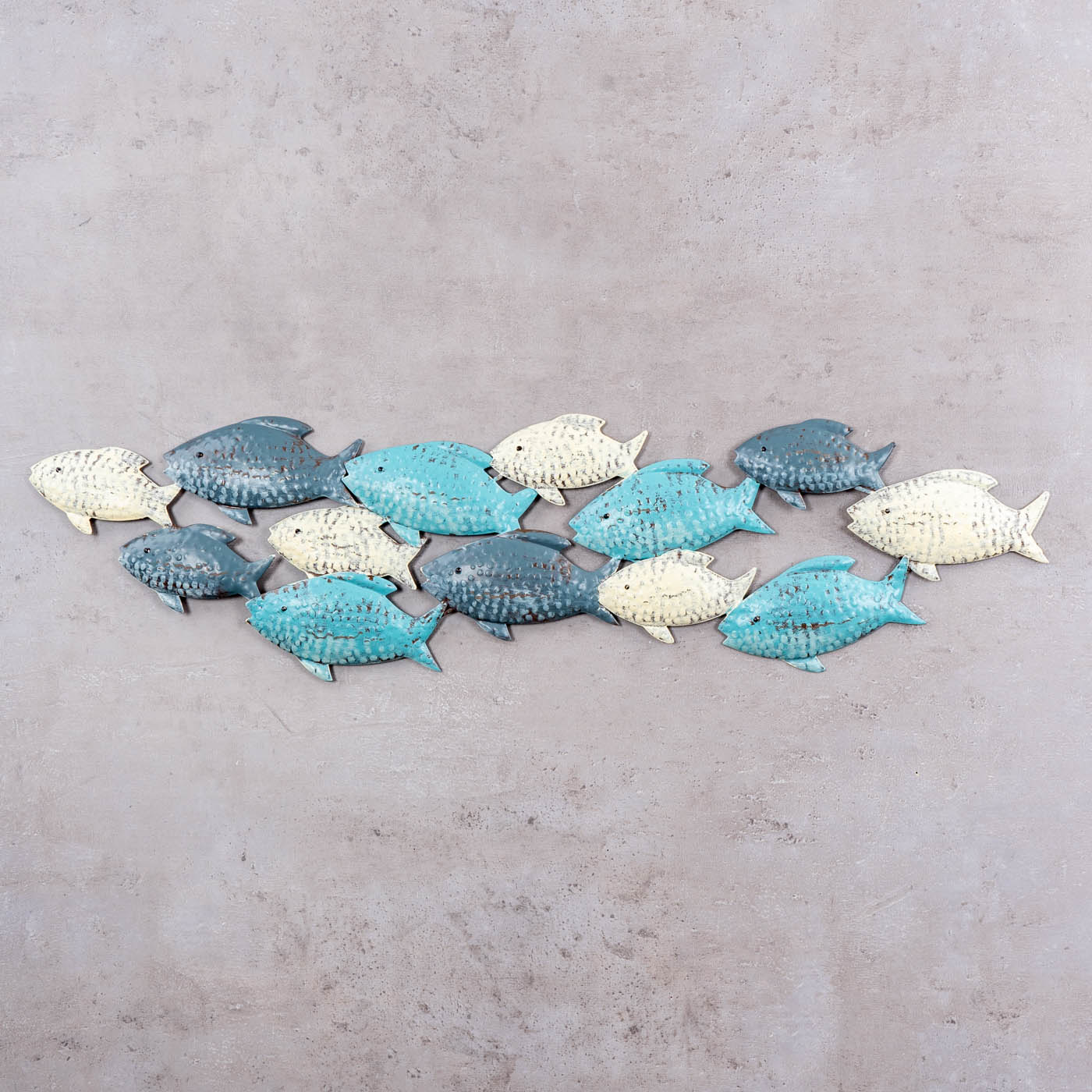 Wandskulptur Fische L75cm Wandbild Blau Grau Creme Maritim Wanddeko Metalldeko
