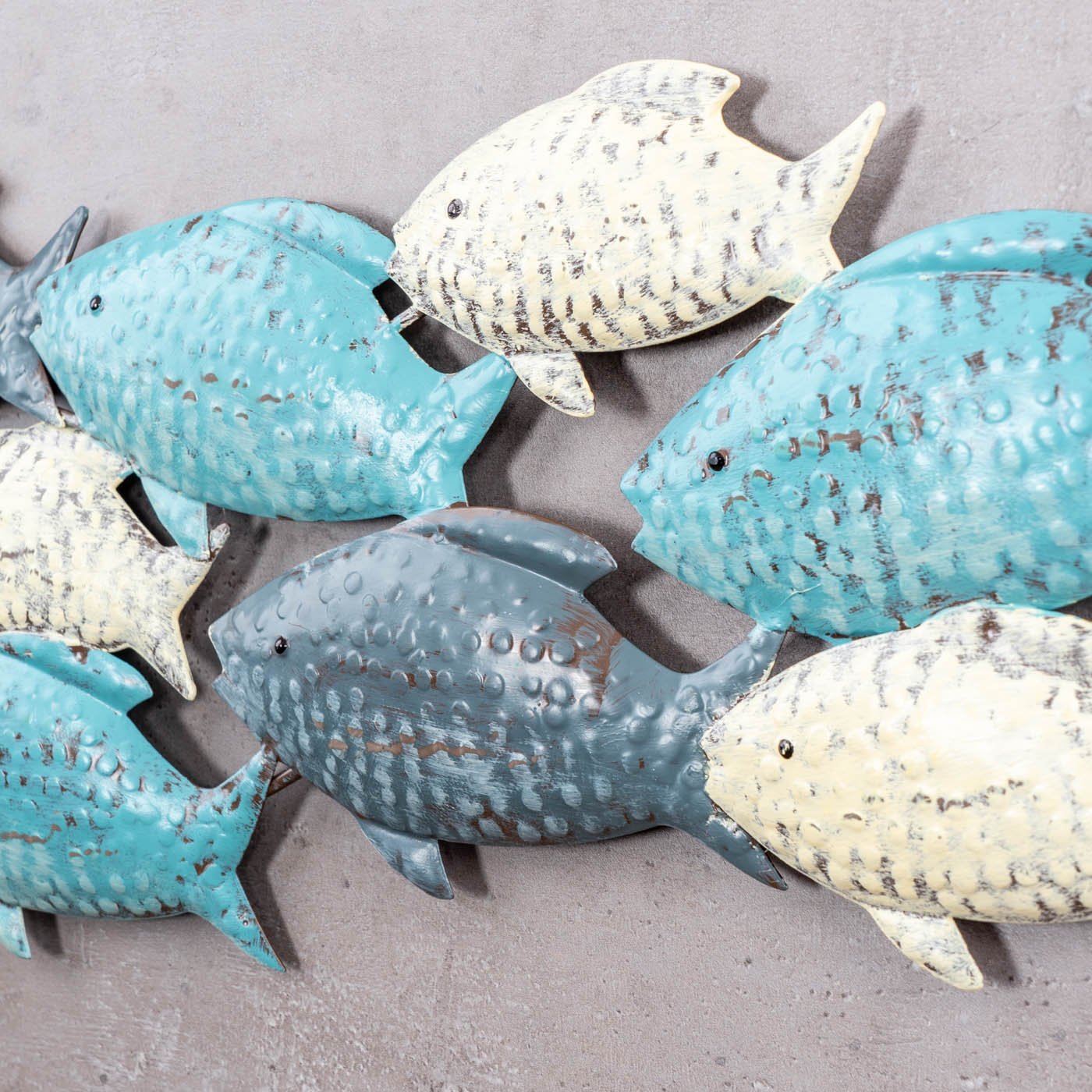 Wandskulptur Fische L75cm Wandbild Blau Grau Creme Maritim Wanddeko Metalldeko
