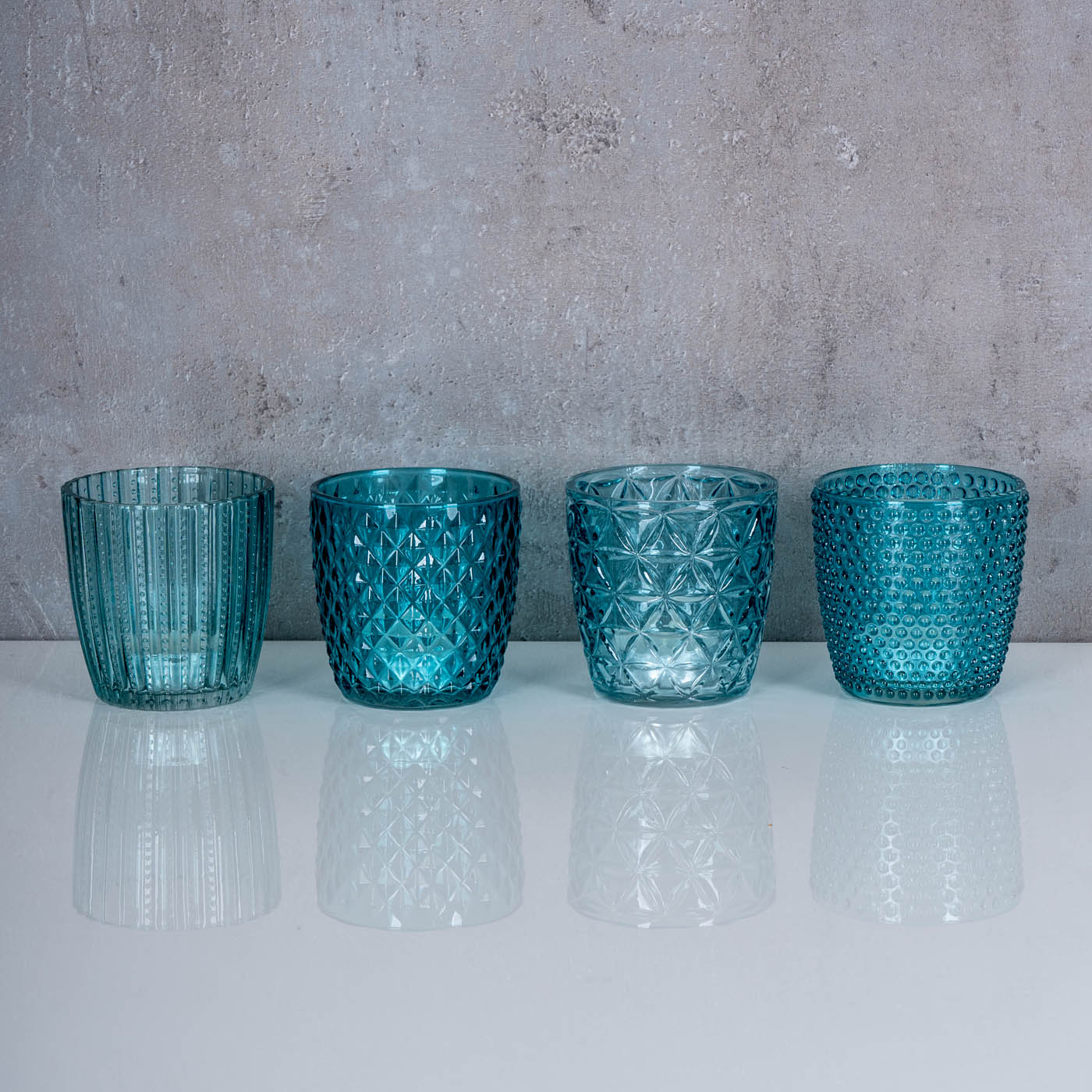 4er Set Windlicht H7,5cm Glas Türkis Teelichthalter Tischdeko Kerzen Retro Deko