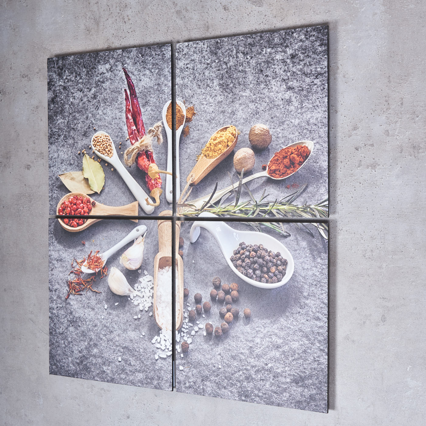 4er Set Wandbild 60x60cm Aluminium Dibond Gewürze Löffel Küche Deko Wanddeko