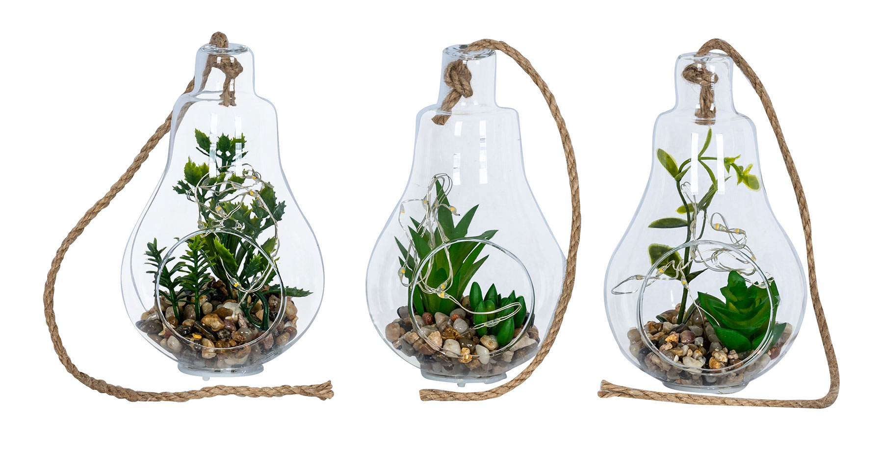 3er Set Glühbirnen Sukkulenten H12cm Glas Deko LED Lampe Kunstpflanze Grün