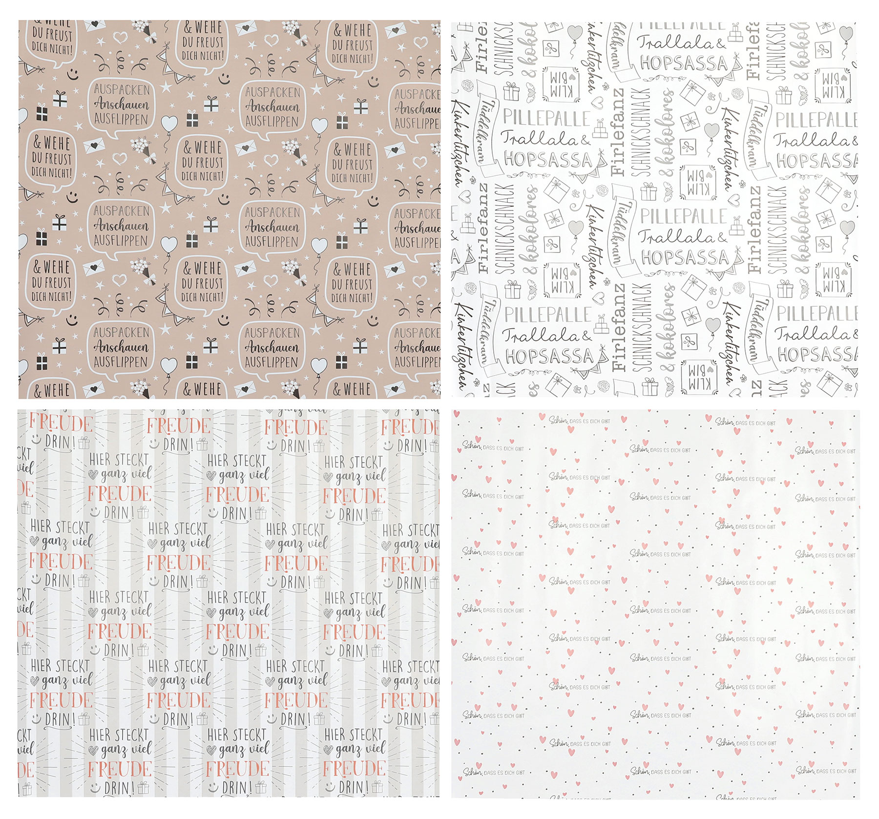 4 Rollen Geschenkpapier Set 70x200cm Geburtstag Weiß Braun Freunde Liebe Happy