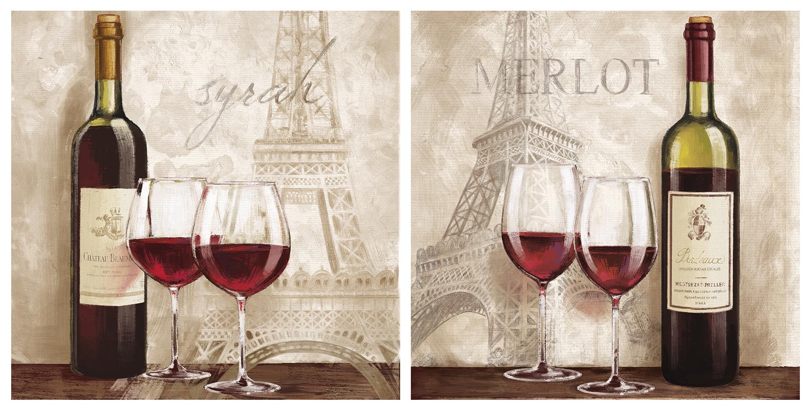 levandeo Glasbild 2er Set je 30x30cm Wandbild Glas Wein Paris Küchendeko