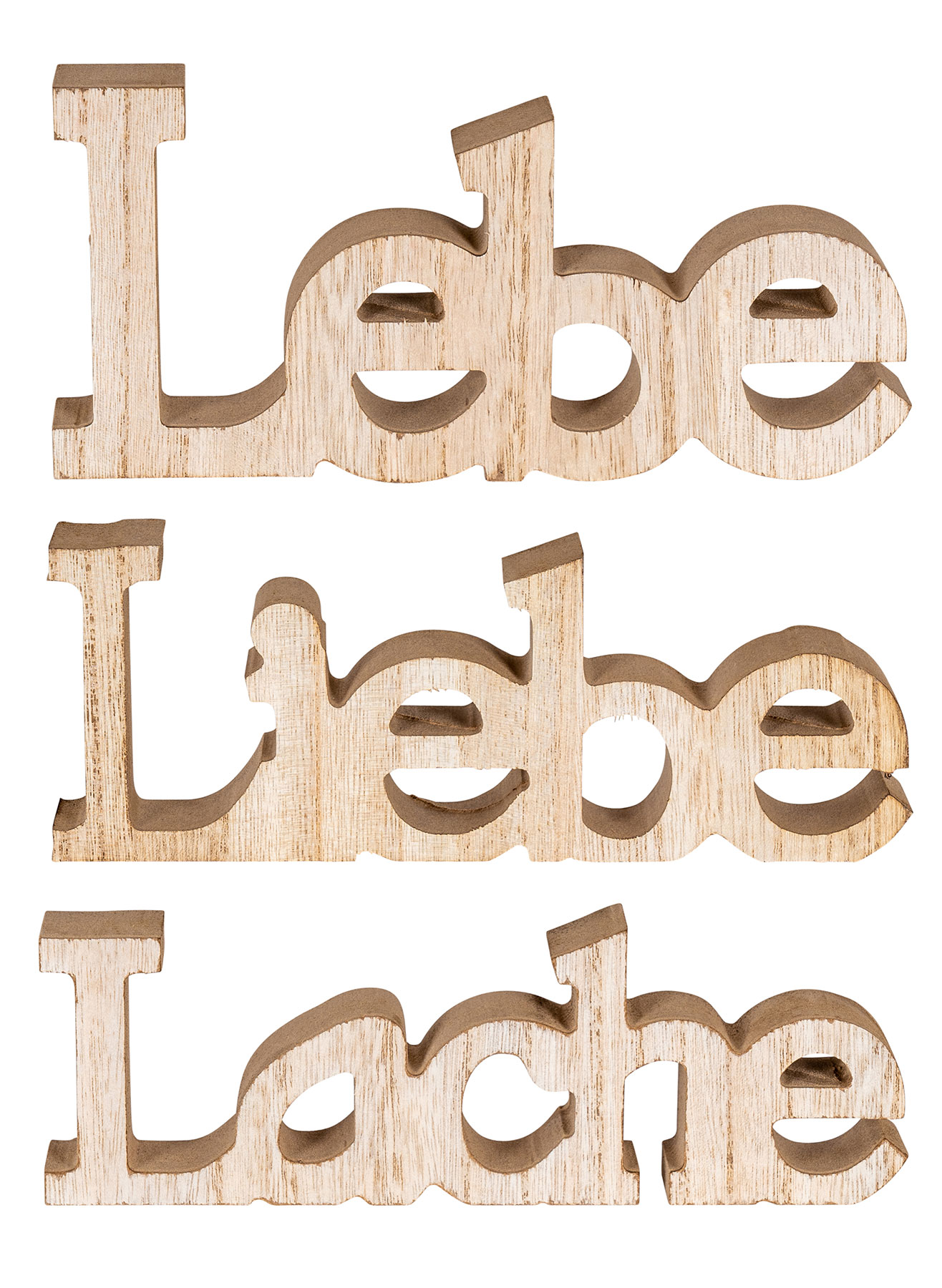 3er Set Schriftzug Holz Lebe Liebe Lache Braun Aufsteller Deko Tischdeko