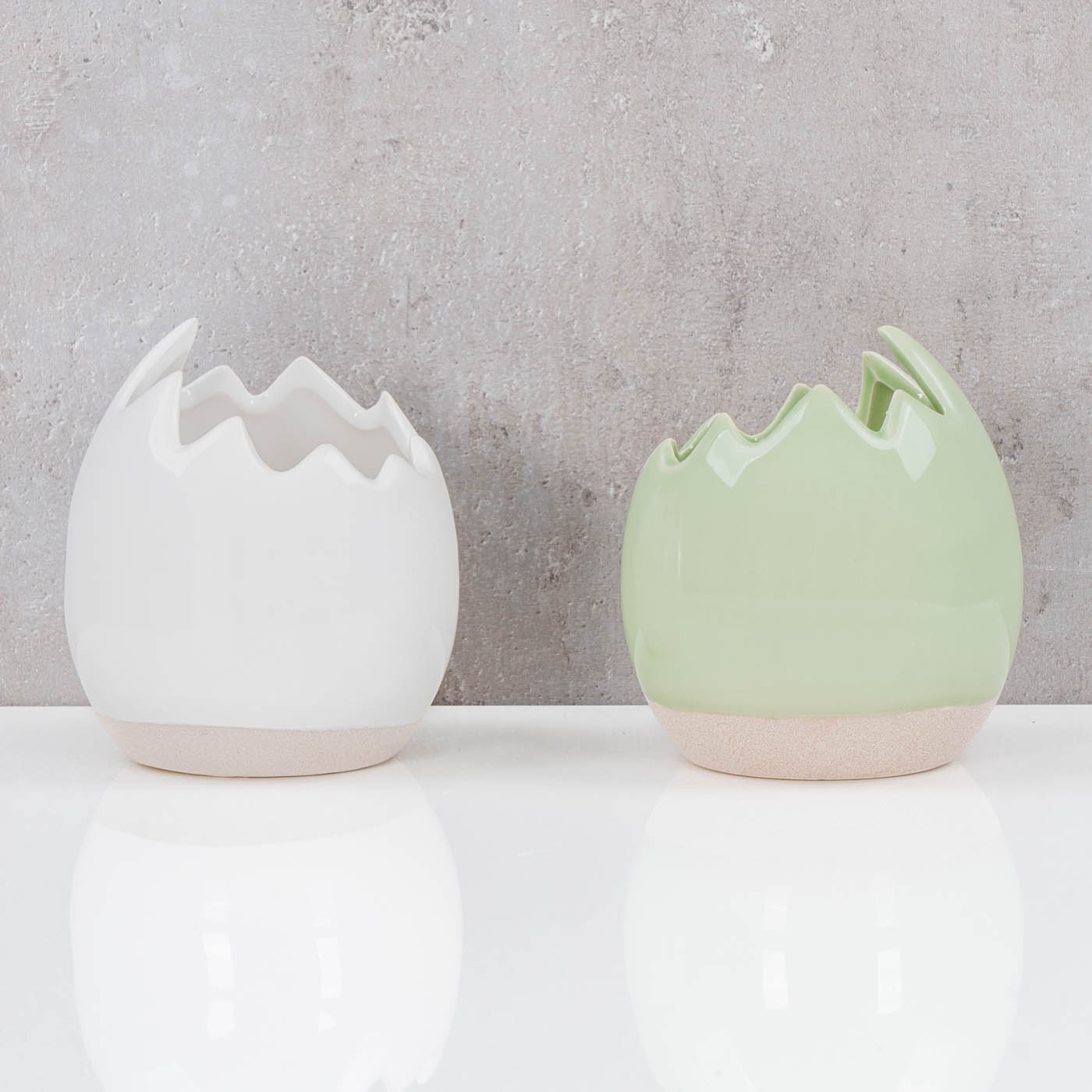 2er Set Eierschale Deko Blumentopf H11cm Keramik Weiß Grün Sandfinish Osterdeko