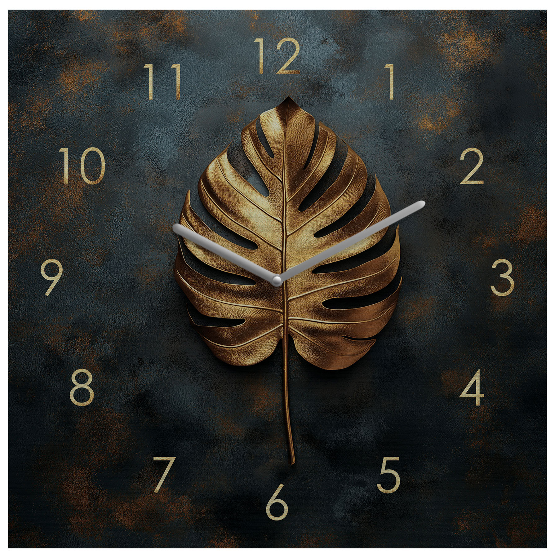 Wanduhr 30x30cm Metall Schwarz Gold Wanddeko Monstera Blatt Edel Design Metalluhr