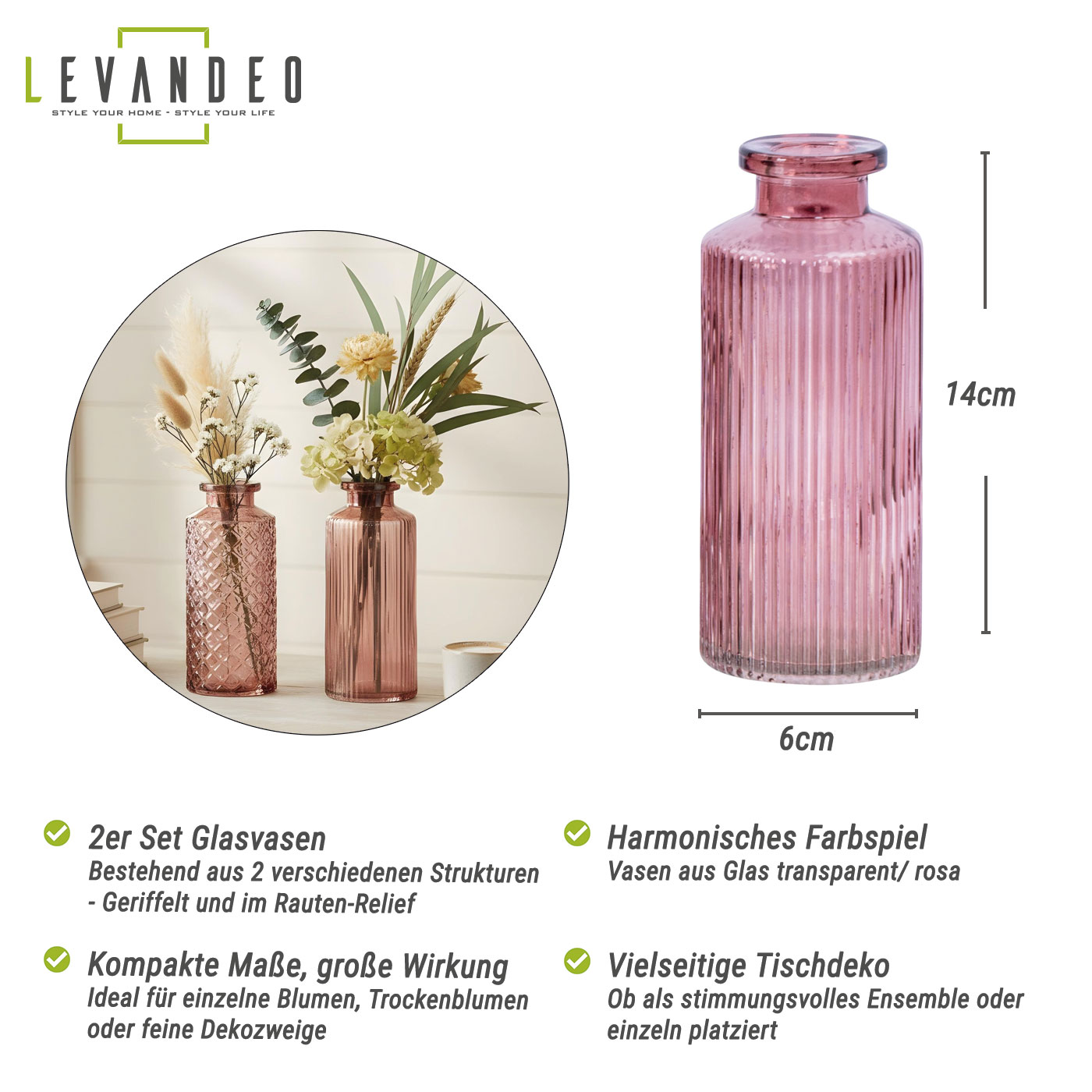 2er Set Vase H14cm Rosa Glas Blumenvase Tischdeko Frühling Blumendeko Glasvase