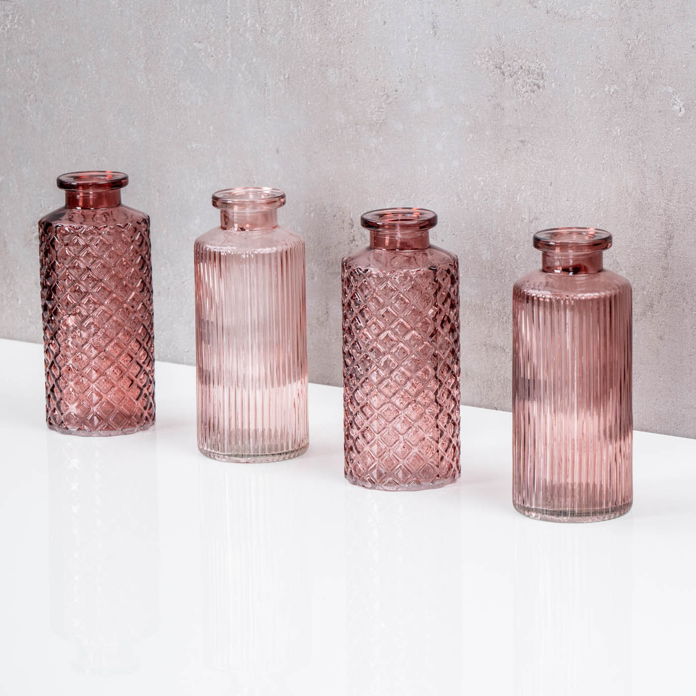 4er Set Vase Rosa H14cm Glas Blumenvase Tischdeko Frühling Blumendeko Glasvase