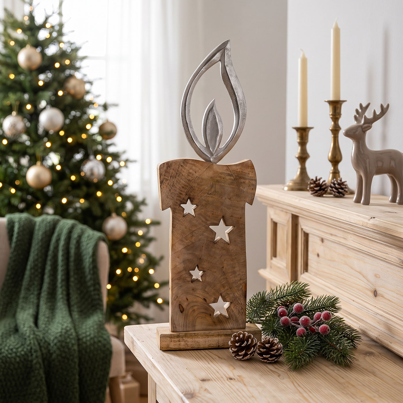 Weihnachtsdeko Kerze Mangoholz H50cm Deko Aufsteller Holz Metall Weihnachten