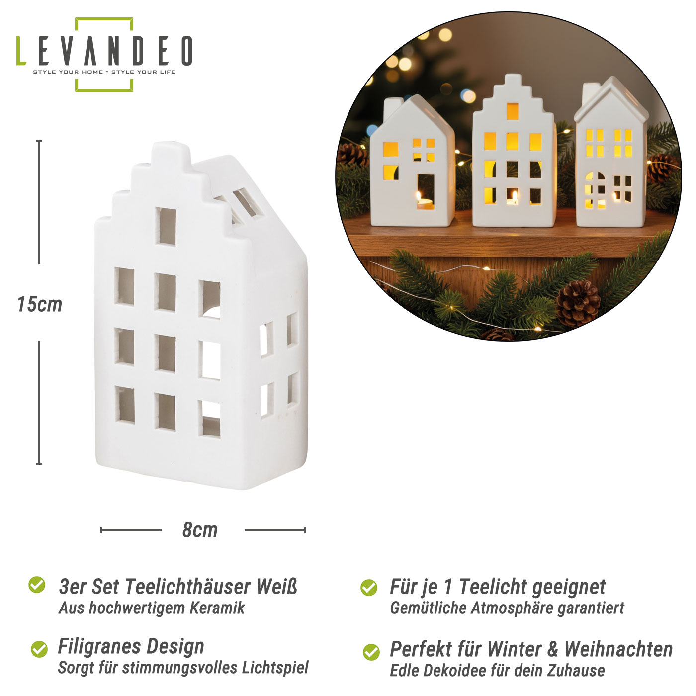 3er Set Teelichthalter Weiß Haus Keramik Kerzenhalter Lichthaus Kerzen Tischdeko