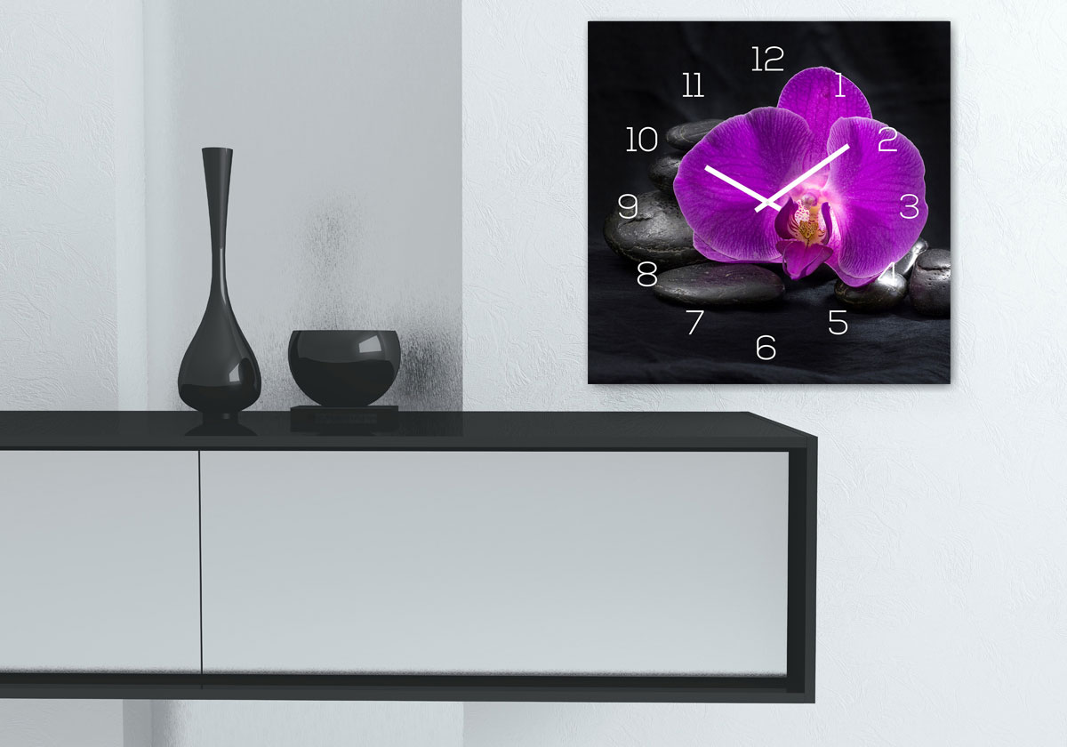 levandeo Wanduhr Glas 30x30cm Glasuhr Uhr Glasbild Rosa Orchidee Schwarz Deko