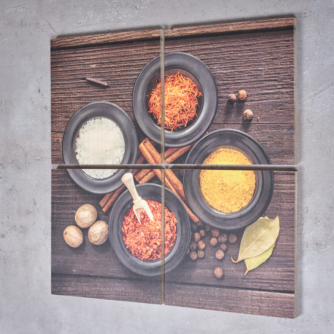 4er Set Wandbild 40x40cm Holz Birkenholz Gewürze Schüsseln Küche Deko Wanddeko