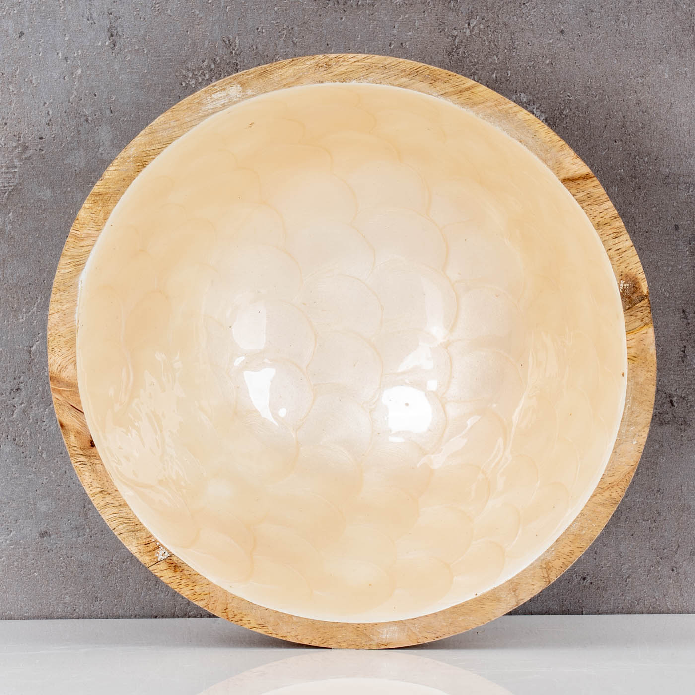 Schüssel 21cm Mango Holz Creme Perlmutt Emaille Schale Bowl Salatschüssel Deko