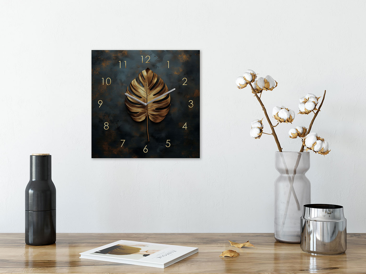 Wanduhr 30x30cm Metall Schwarz Gold Wanddeko Monstera Blatt Edel Design Metalluhr