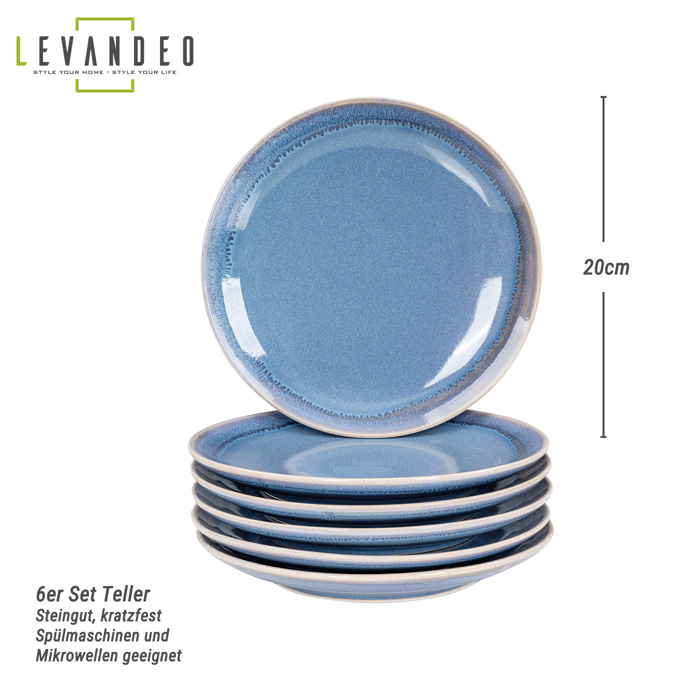 6er Set Steingut Teller Ø20cm Blau Speiseteller 6 Personen Geschirr Essteller