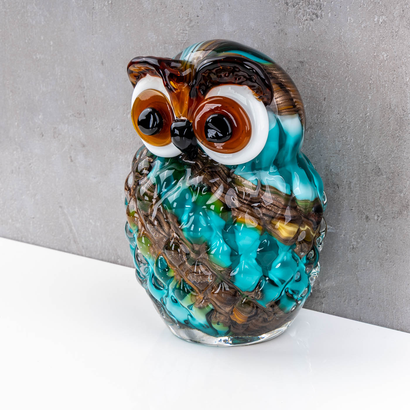 Glas Eule 19cm Murano-Stil Deko Figur Bunt Türkis Braun Vogel Skulptur Unikat