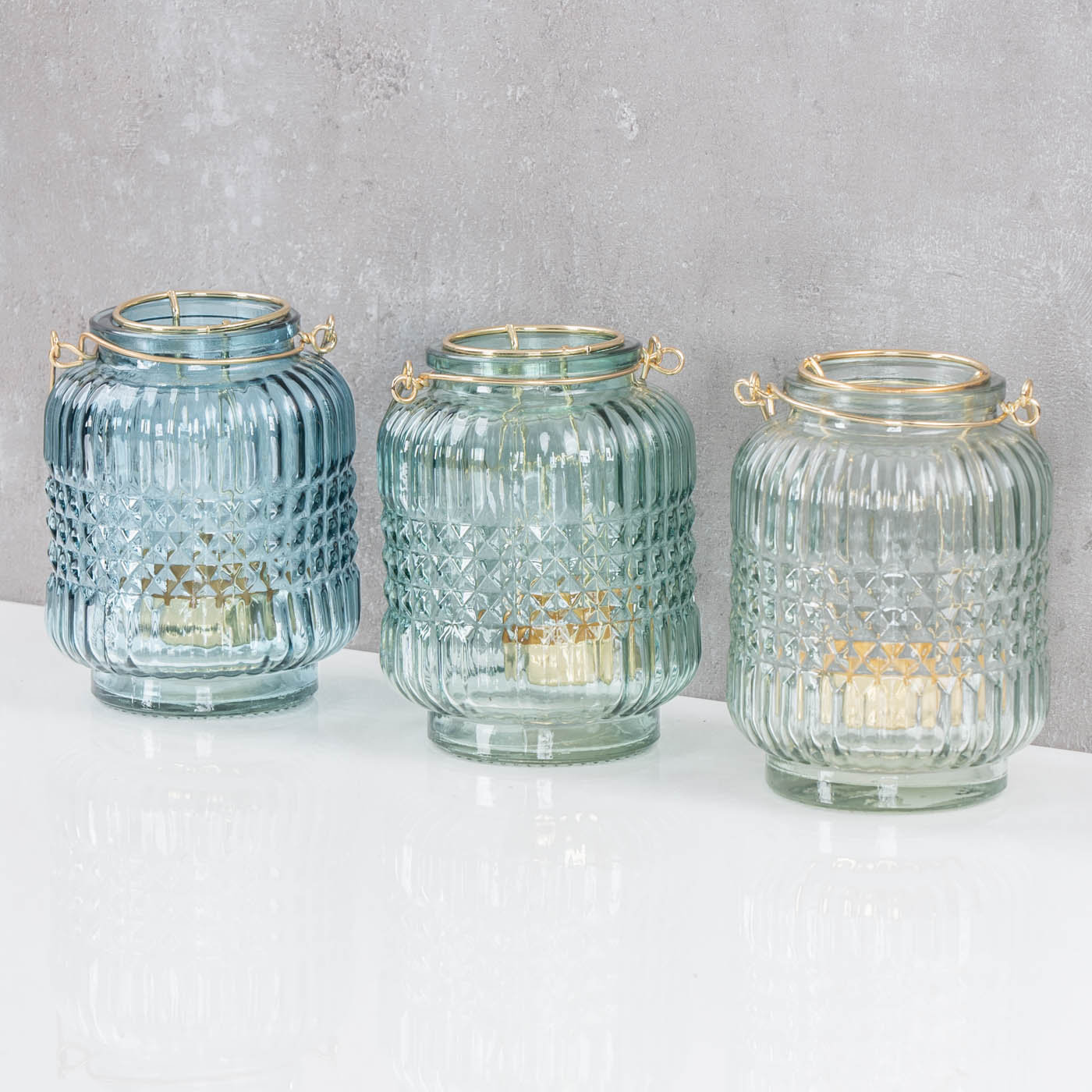 3er Set Glas Windlicht Türkis Gold H13cm Teelichthalter Kerzenhalter Tischdeko