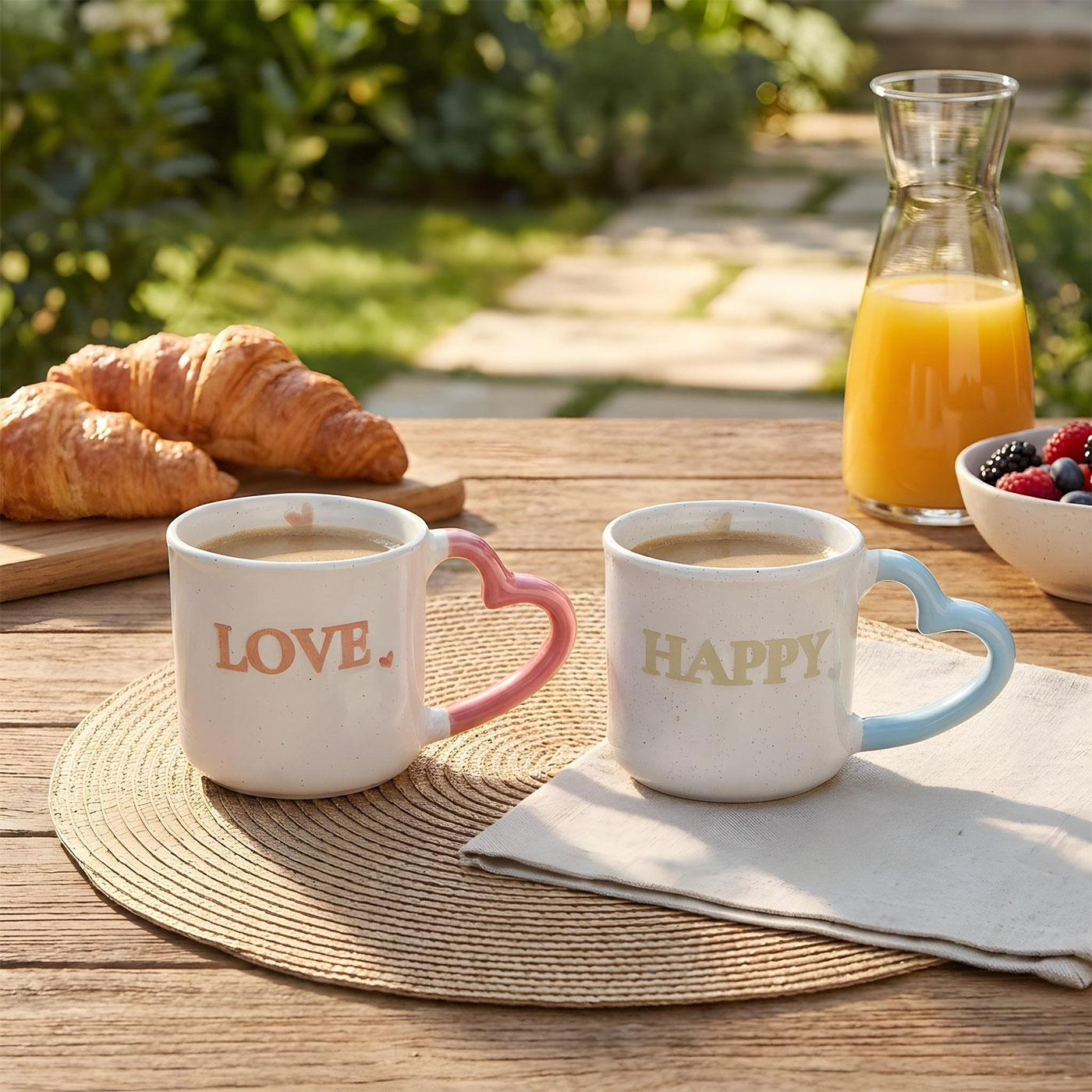 2er Set Tassen Steingut 350ml Herz Happy Love Kaffeebecher Kaffeetasse Geschenk