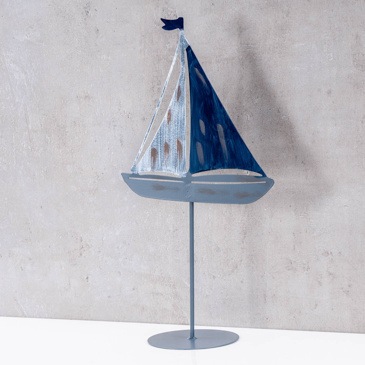 Deko Aufsteller Segelboot H35cm Grau Blau Weiß Metall Tischdeko Maritim Dekofigur