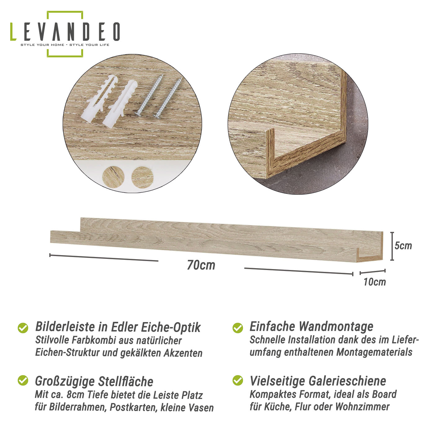 Bilderleiste Eiche Gekälkt L70cm MDF Holz Wandregal Schmal Wanddeko Hängeregal