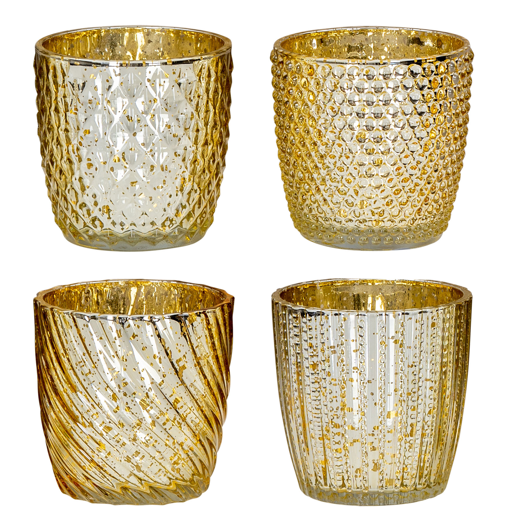 4er Set Windlicht H9cm Glas Gold Teelichthalter Tischdeko Kerzen Retro Deko