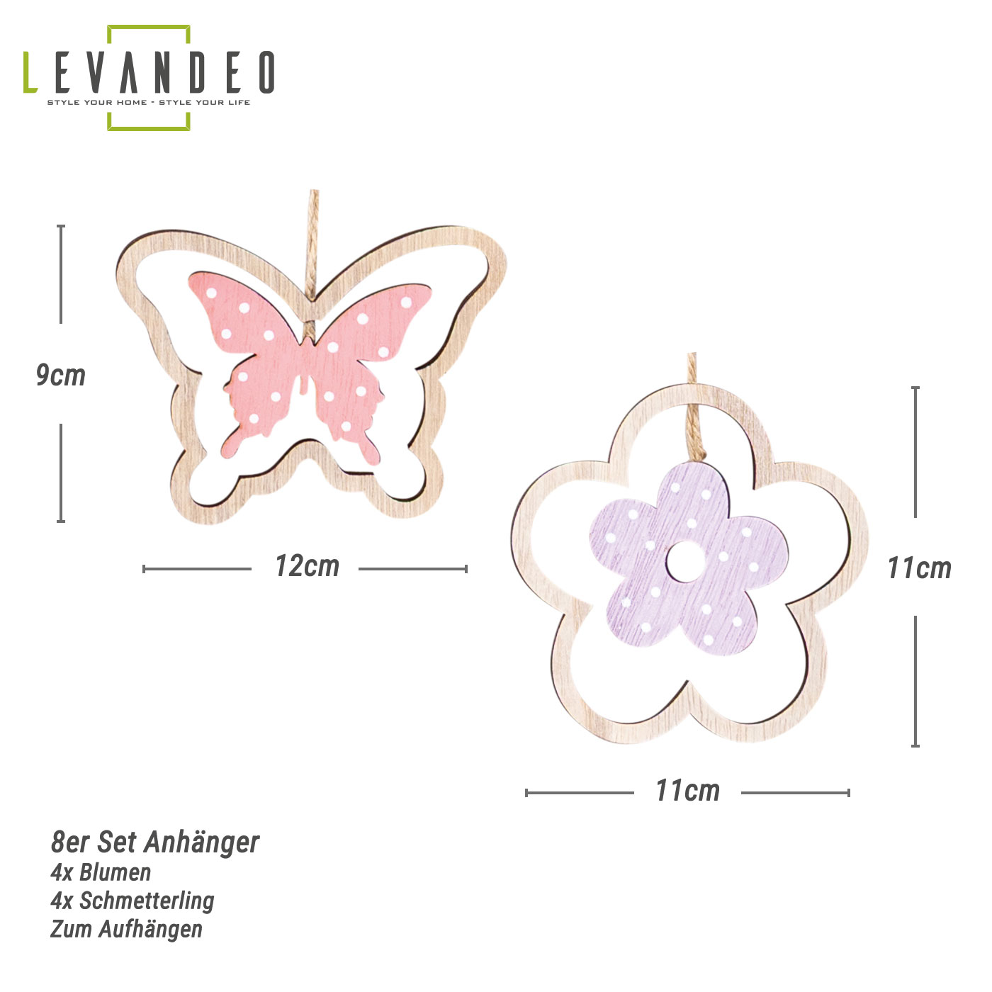 8er Set Holz Anhänger Schmetterling Blume Natur Rosa Lila Dekohänger Frühling