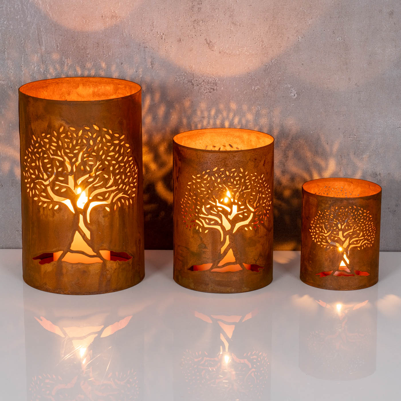 Windlichter Rost 3er Set Teelichthalter Lebensbaum Gartendeko Rostdeko Edelrost