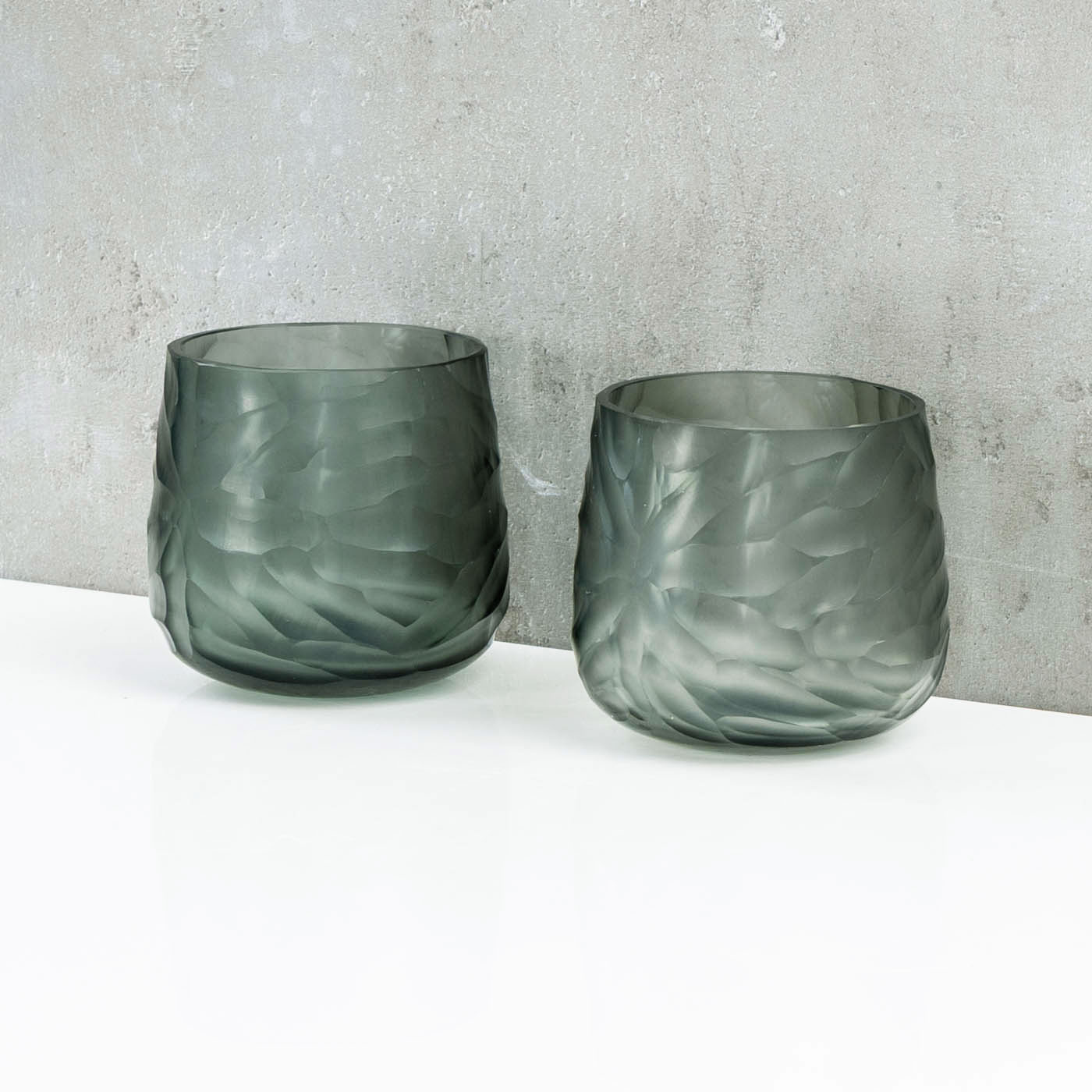 4er Set Glas Windlicht Grün Grau H10cm Teelichthalter Rauchgrau Tischdeko