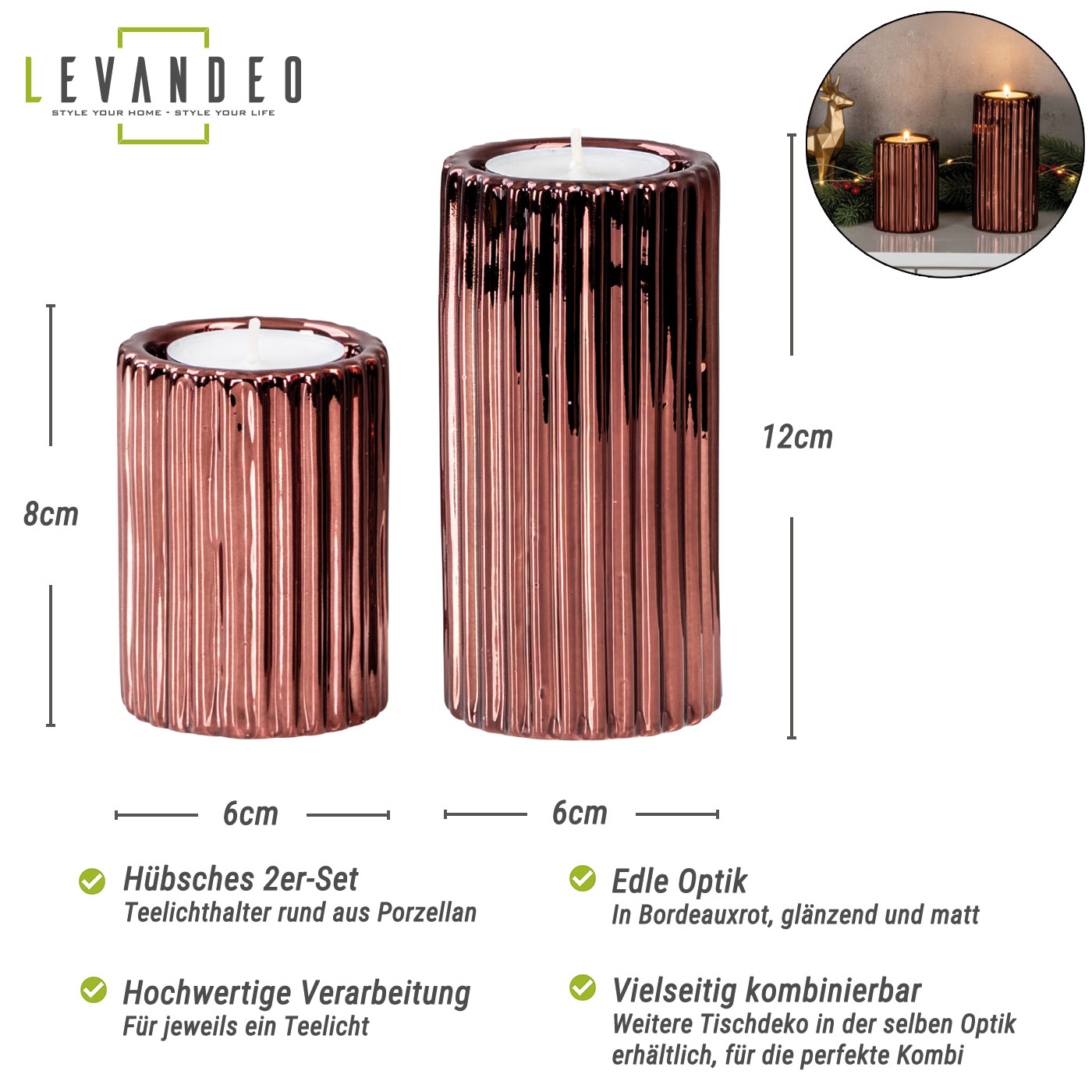 2er Set Teelichthalter Porzellan Bordeaux Rot Tischdeko Weihnachtsdeko Kerzenhalter