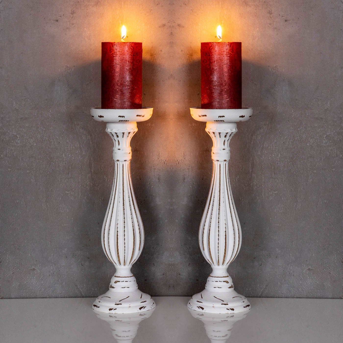 2er Set Kerzenhalter Shabby H34cm Weiß MDF Holz Kerzenständer Vintage Tischdeko