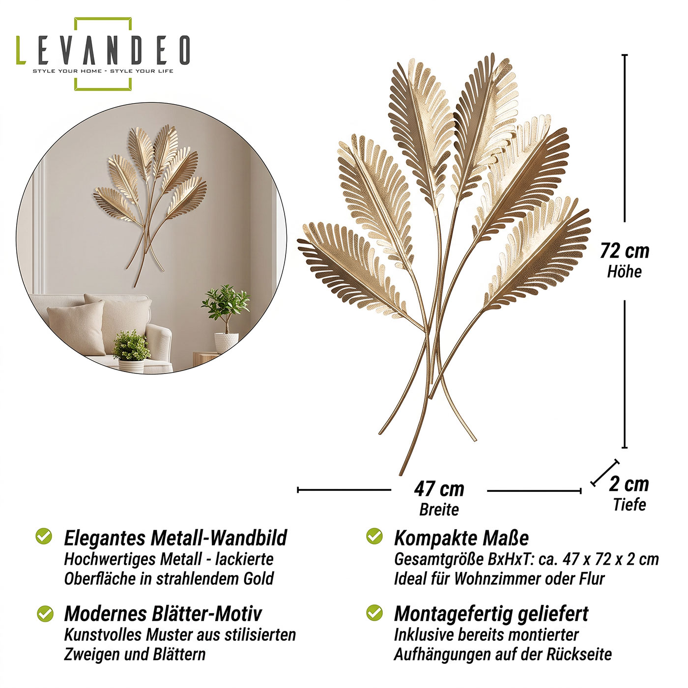 Wandbild Metall Gold Blätter H72cm 3D Metallbild Wanddeko Floral Deko Wohnzimmer