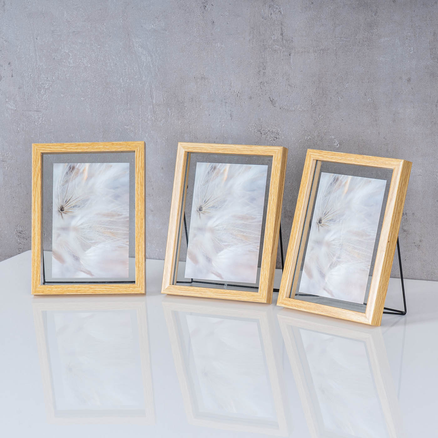 3er Set Bilderrahmen Aufsteller 10x15 Holz Eiche-Optik Metall Glas Fotorahmen