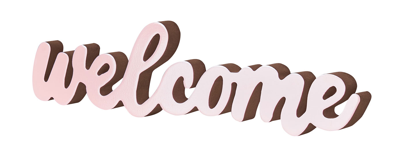 Schriftzug Welcome L31cm Pastell Rosa Holz Tischdeko Deko Aufsteller Wohndeko
