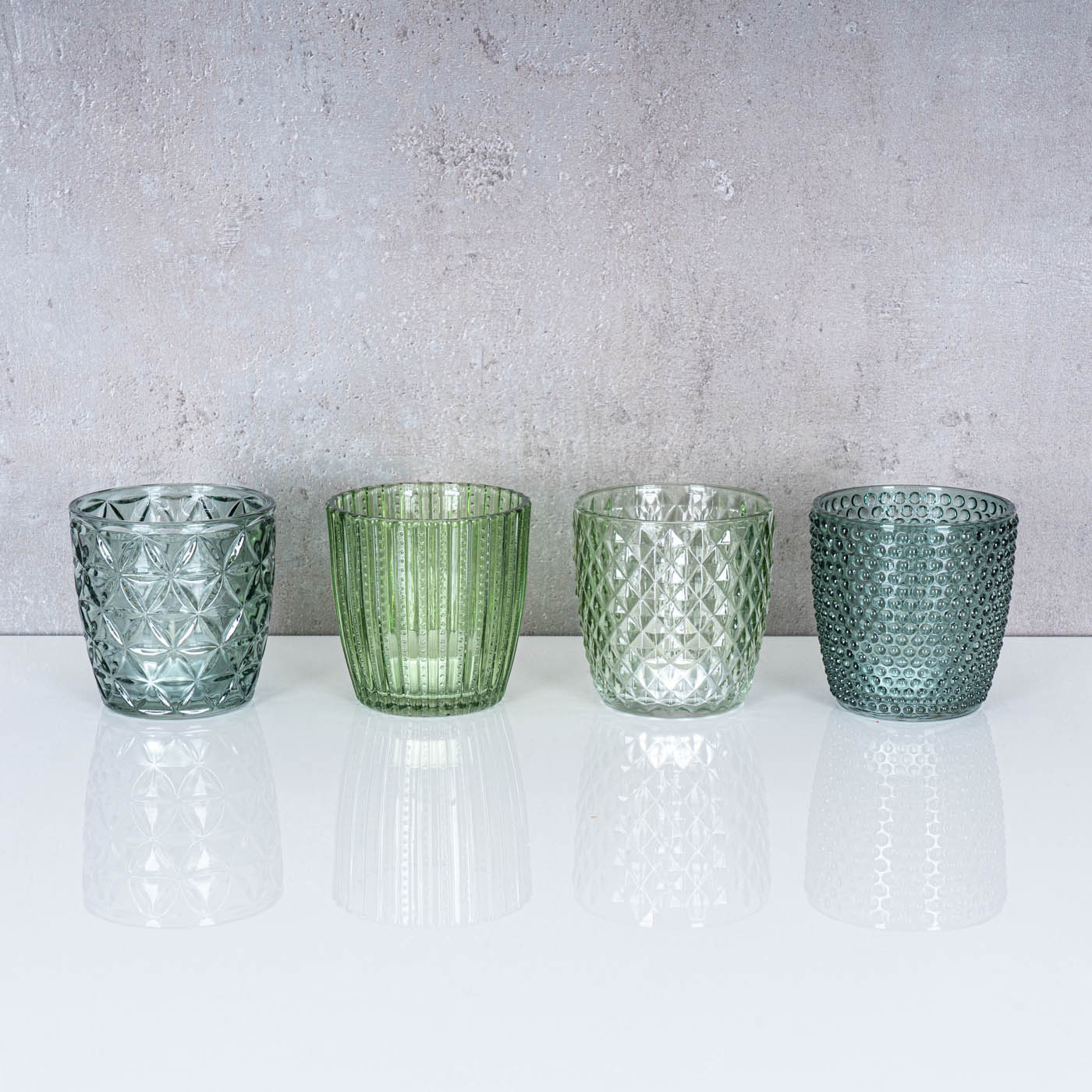 4er Set Windlicht H7,5cm Glas Grün Teelichthalter Tischdeko Kerzen Retro Deko