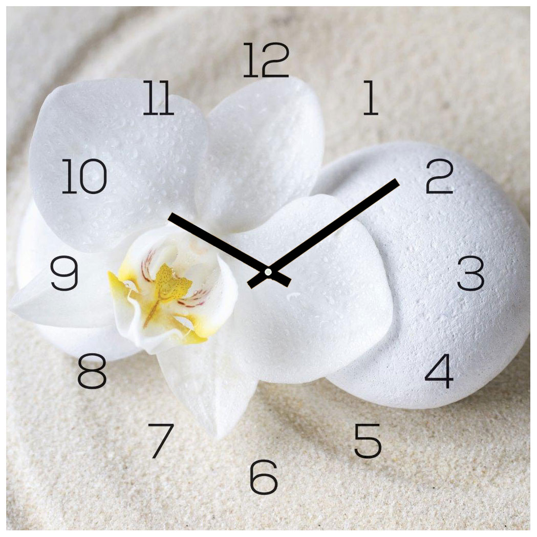 30x30cm Orchidee Uhr Wanddeko Wanduhr Glas Sand Weiß Glasbild Wellness Stein